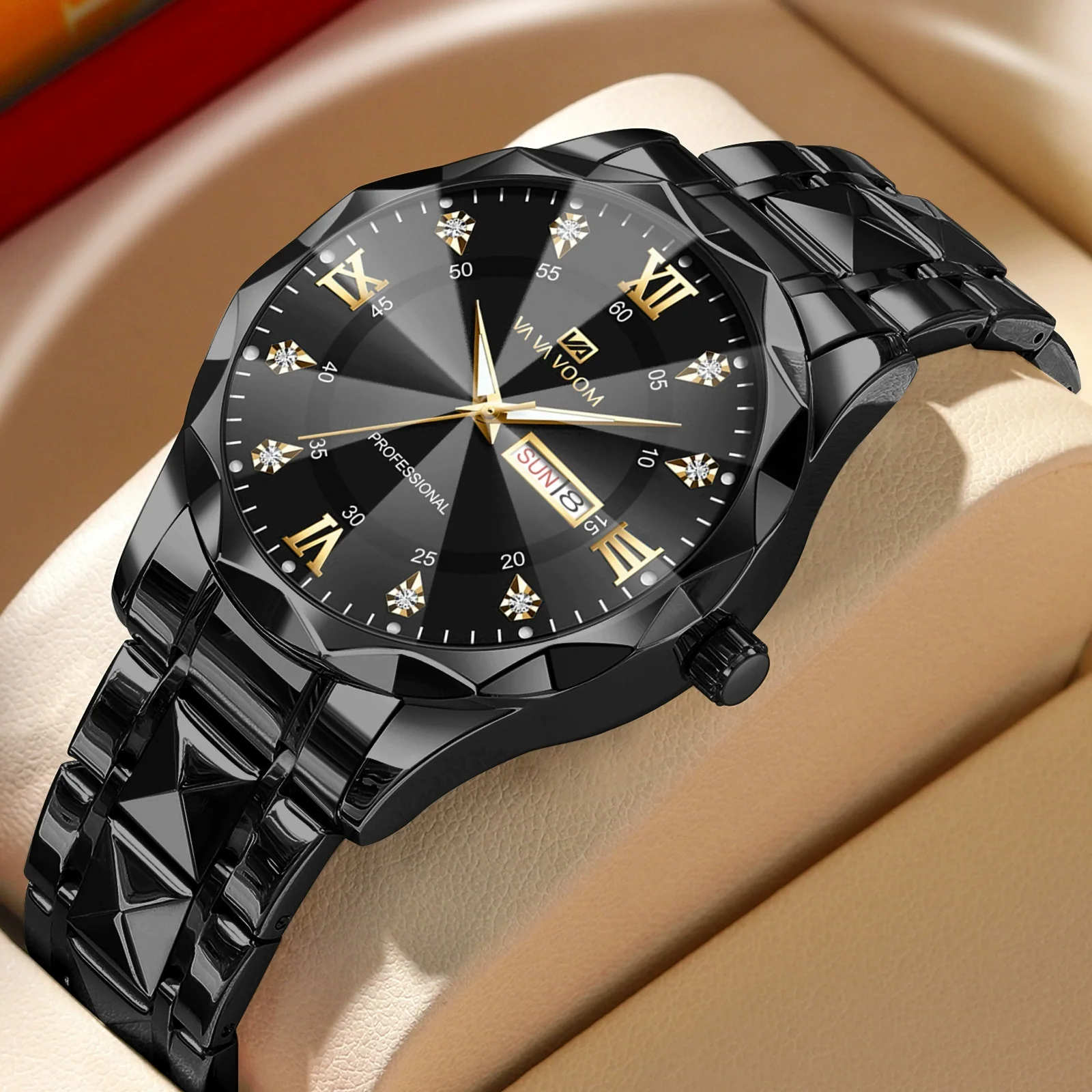 Men's Waterproof Business Watch Metal Case Stainless Steel Strap Rhombus Design - Image 3
