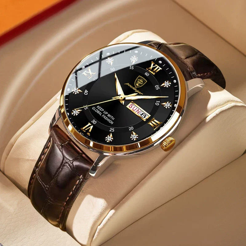 Men's Waterproof Luminous Quartz Watch With Alloy Case Sapphire Glass Mirror Genuine Leather Strap And Stainless Steel Clasp
