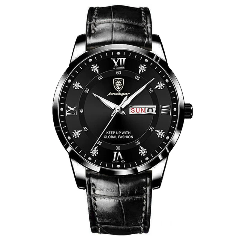 Men's Waterproof Luminous Quartz Watch With Alloy Case Sapphire Glass Mirror Genuine Leather Strap And Stainless Steel Clasp - Image 8