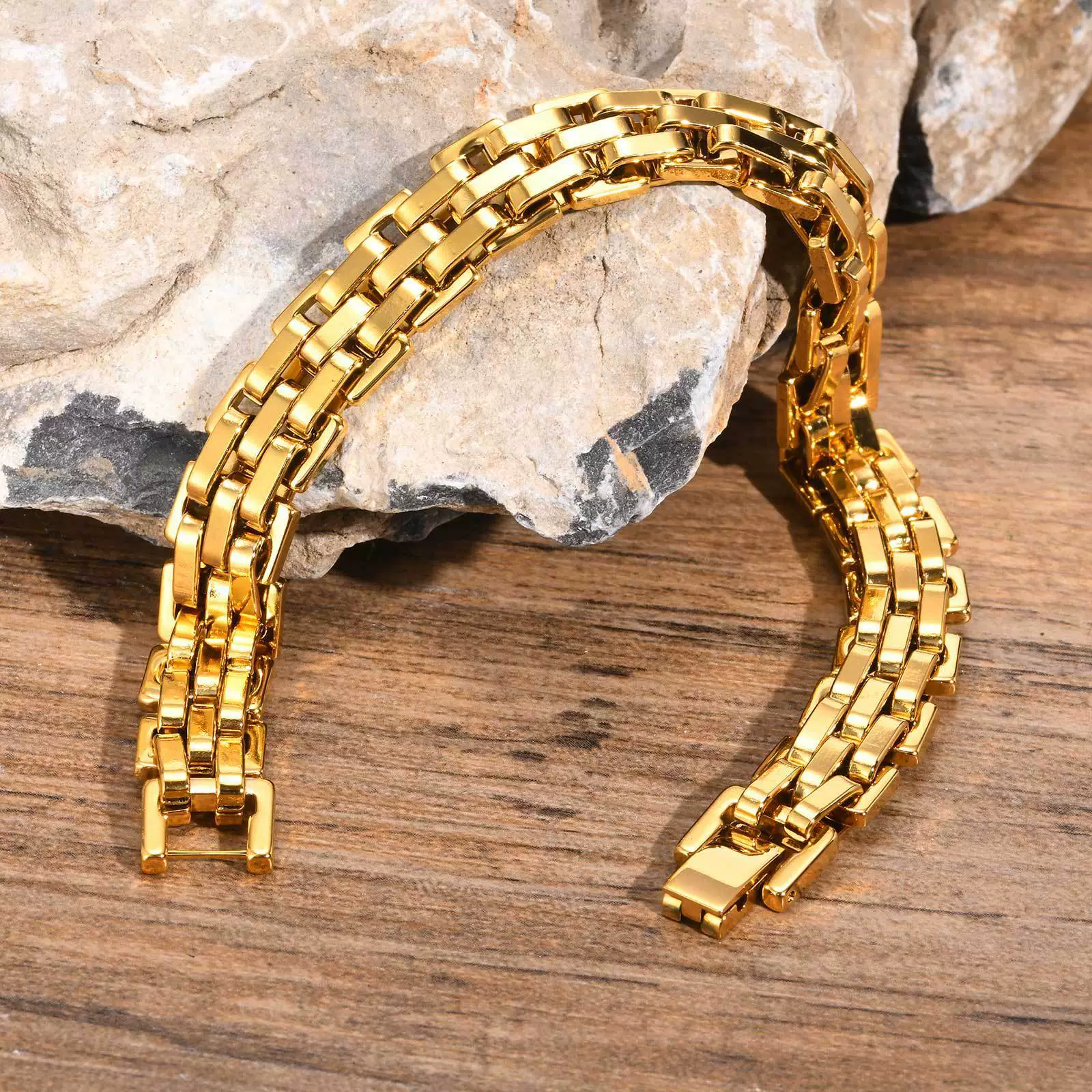 Men's Widefaced Stainless Steel Strap Gold Fashion Bracelet - Image 9
