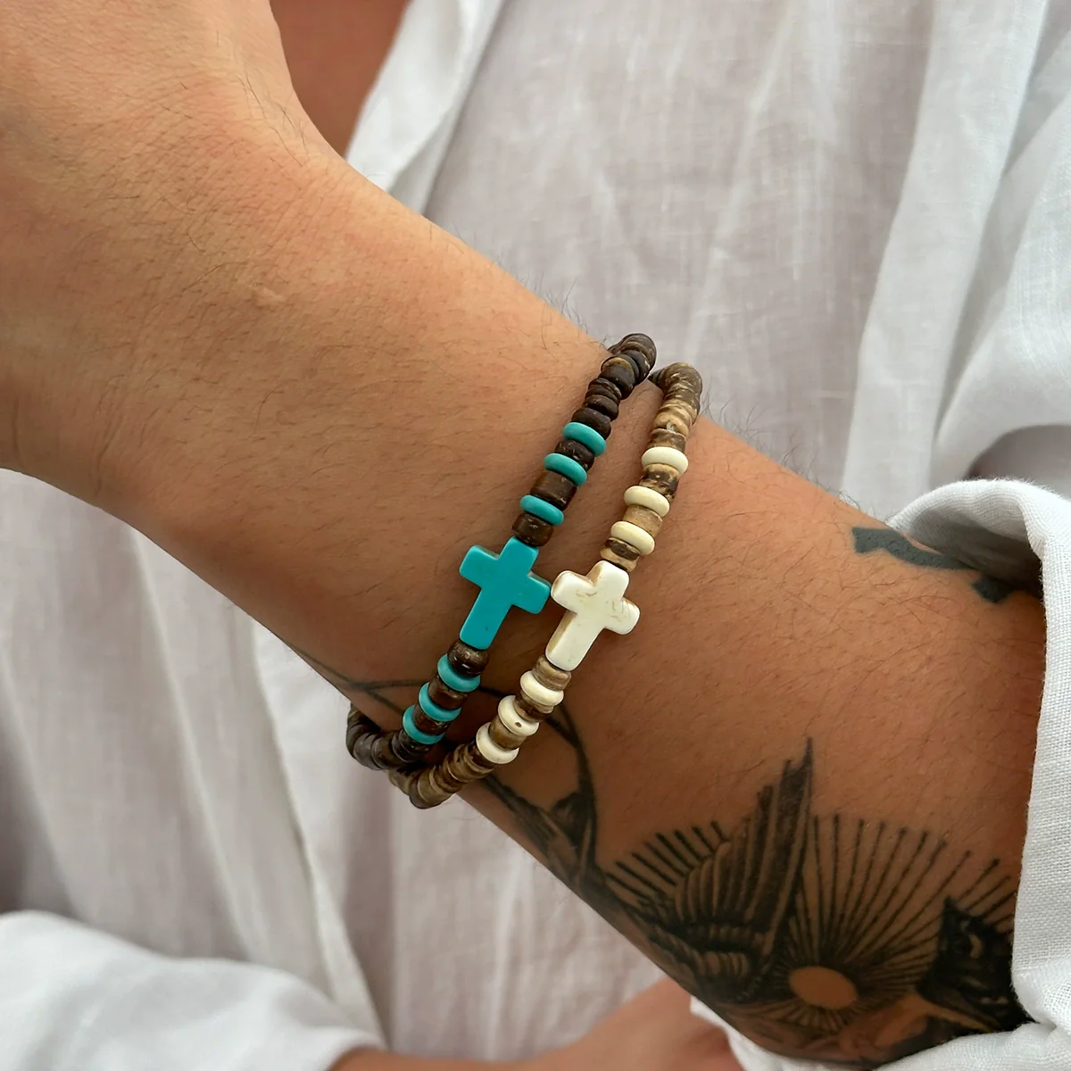 Men's Wooden Bead Handmade Cross Bracelet Hiphop Trendy