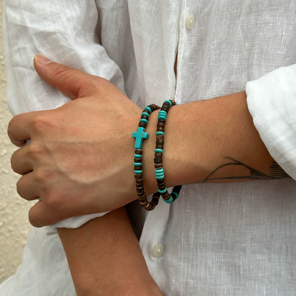 Men's Wooden Bead Handmade Cross Bracelet Hiphop Trendy - Image 2