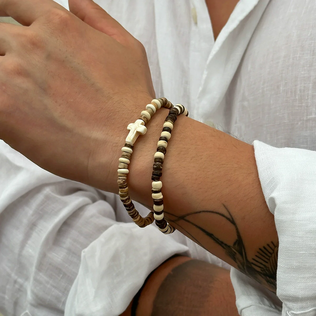 Men's Wooden Bead Handmade Cross Bracelet Hiphop Trendy - Image 3