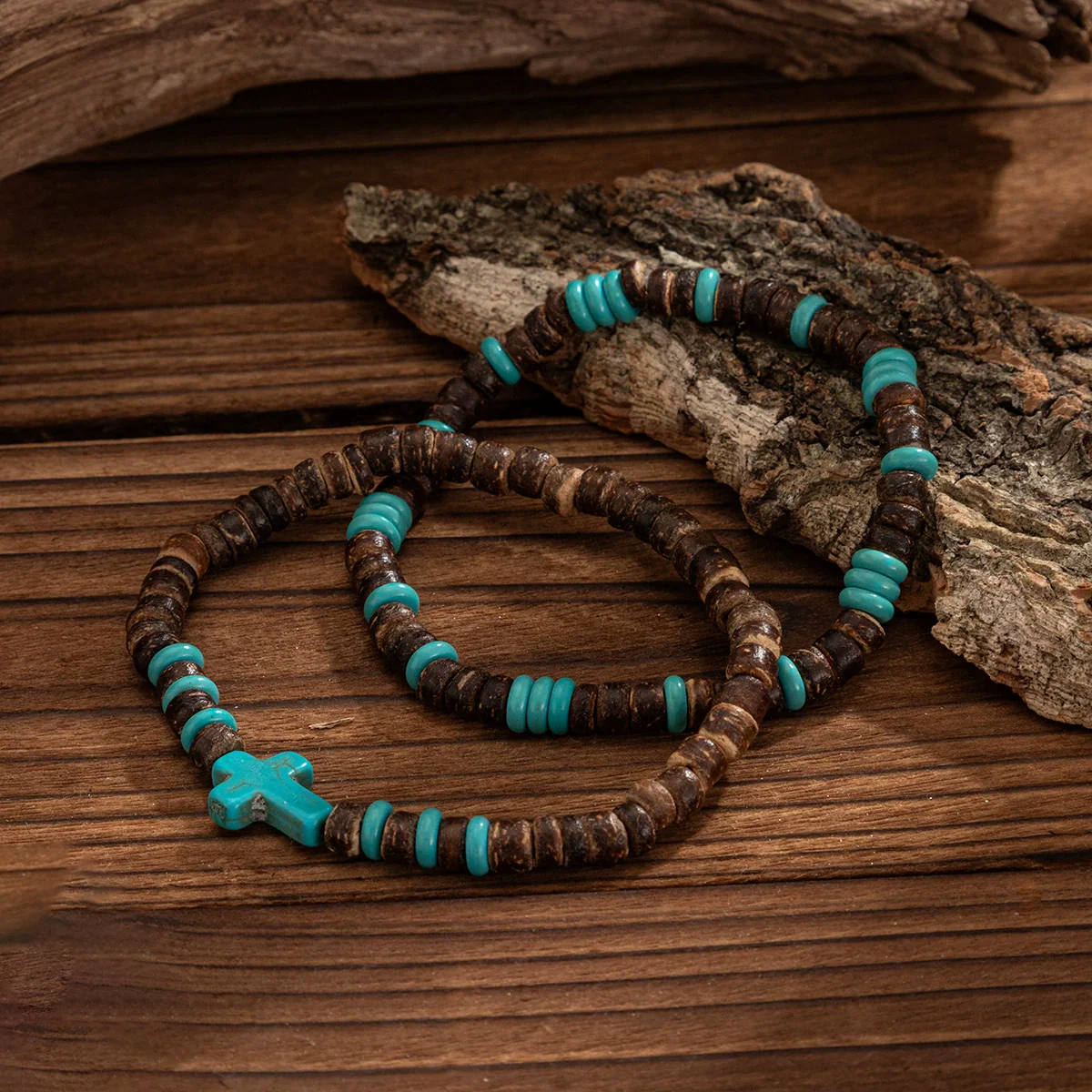 Men's Wooden Bead Handmade Cross Bracelet Hiphop Trendy - Image 4