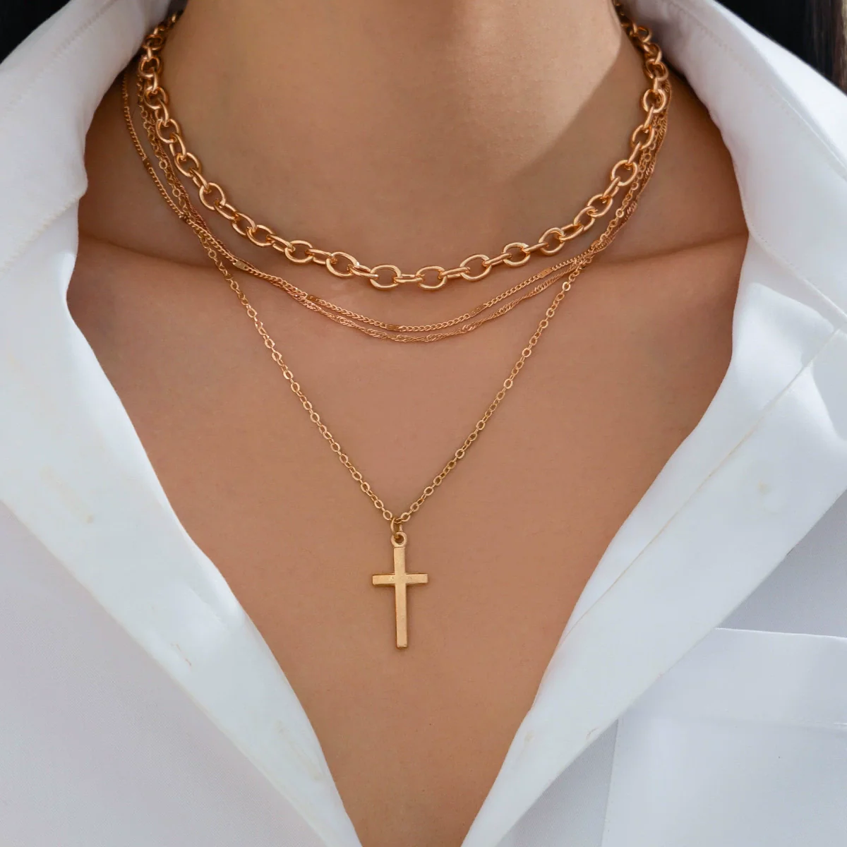 Metal Cross Pendant Necklace Geometric Vintage Style Iron Alloy Electroplating For Women - Image 2