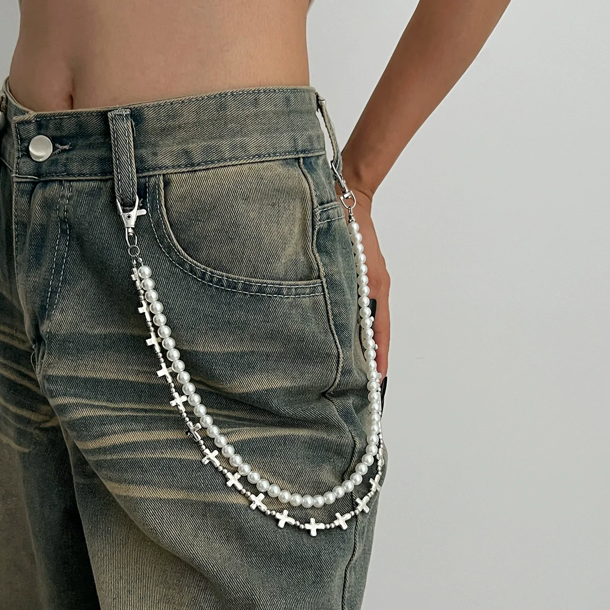 Metal Cross Pendant Pants Chain Punk Style Imitation Pearl Beaded Waist Accessory - Image 4