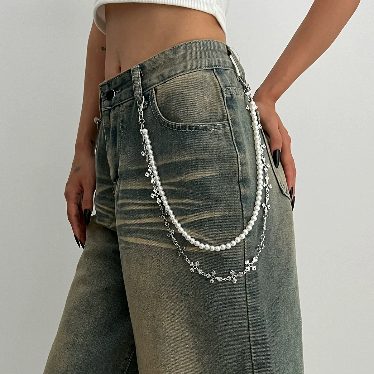 Metal Cross Pendant Pants Chain Punk Style Imitation Pearl Beaded Waist Accessory - Image 6