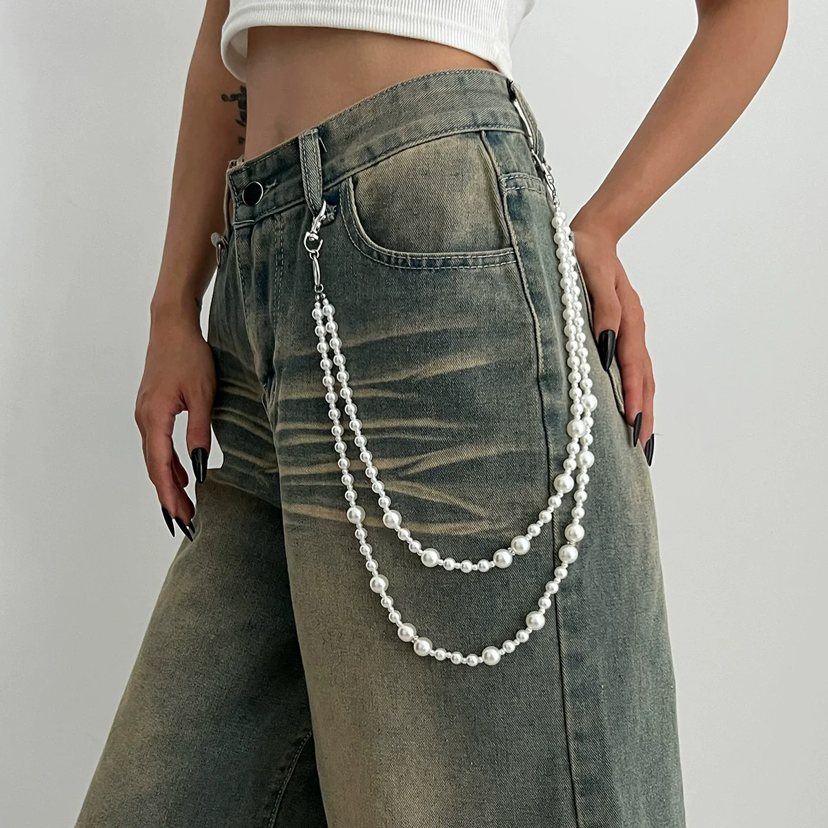 Metal Cross Pendant Pants Chain Punk Style Imitation Pearl Beaded Waist Accessory - Image 7