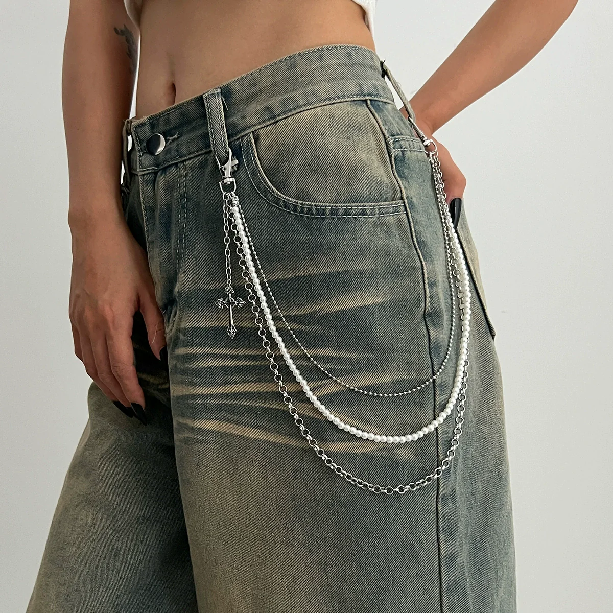Metal Cross Pendant Pants Chain Punk Style Imitation Pearl Beaded Waist Accessory - Image 9