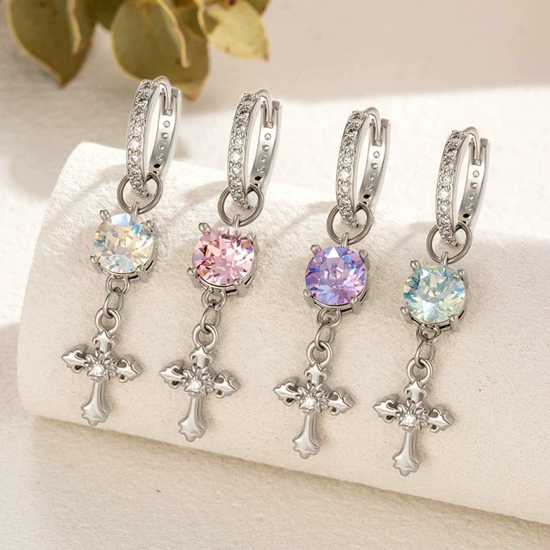 Metal Cross Pendant Women's Earrings With Austrian Round Diamond And Zirconia