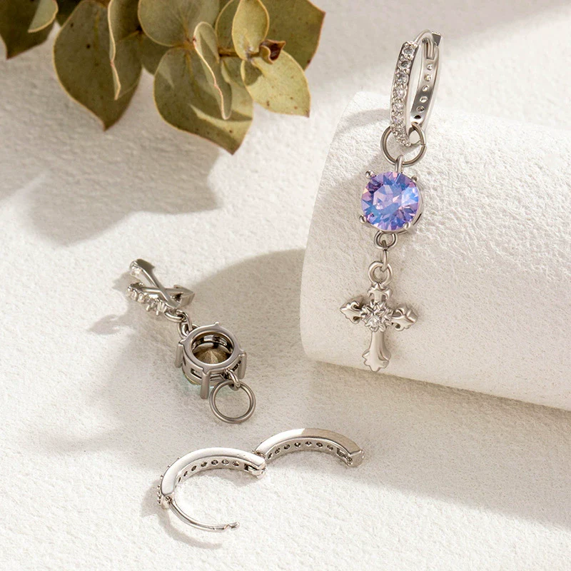 Metal Cross Pendant Women's Earrings With Austrian Round Diamond And Zirconia - Image 3