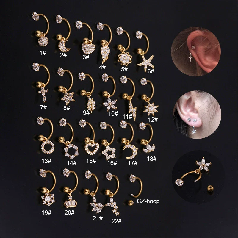 Metal Cshaped Ring Piercing Flower Zircon Pendant Women's Geometric Earrings