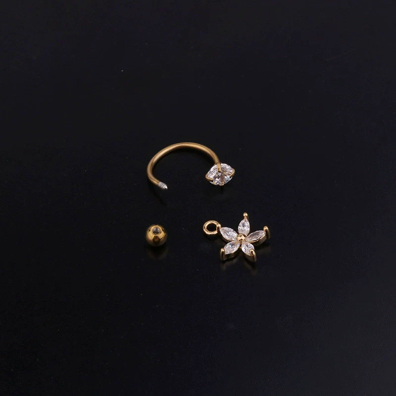 Metal Cshaped Ring Piercing Flower Zircon Pendant Women's Geometric Earrings - Image 5