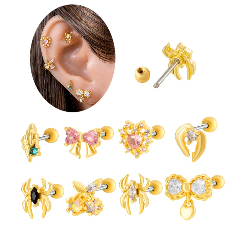 Metal Electroplated Love Bow Spider Conch Flower Style Women's Niche Earrings With Copper Inlaid Zircon