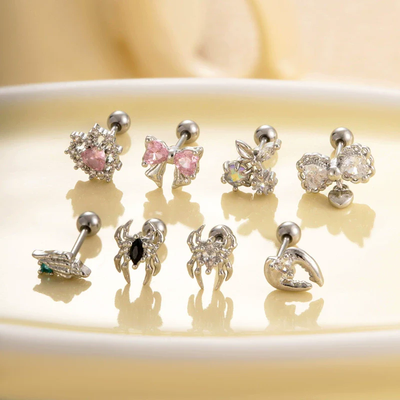 Metal Electroplated Love Bow Spider Conch Flower Style Women's Niche Earrings With Copper Inlaid Zircon - Image 3