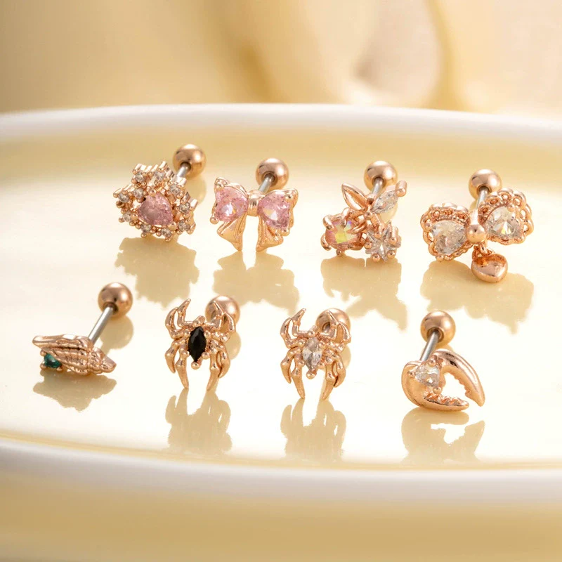 Metal Electroplated Love Bow Spider Conch Flower Style Women's Niche Earrings With Copper Inlaid Zircon - Image 4