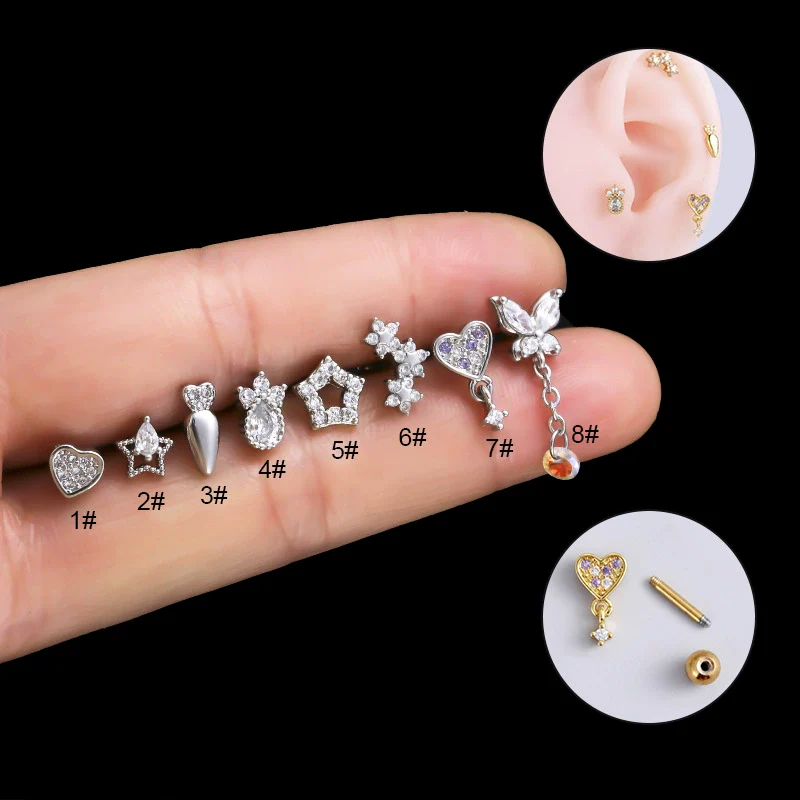 Metal Electroplated Love Fivepointed Star Butterfly Water Drop Heart Style Puncture Ear Nail For Women - Image 6