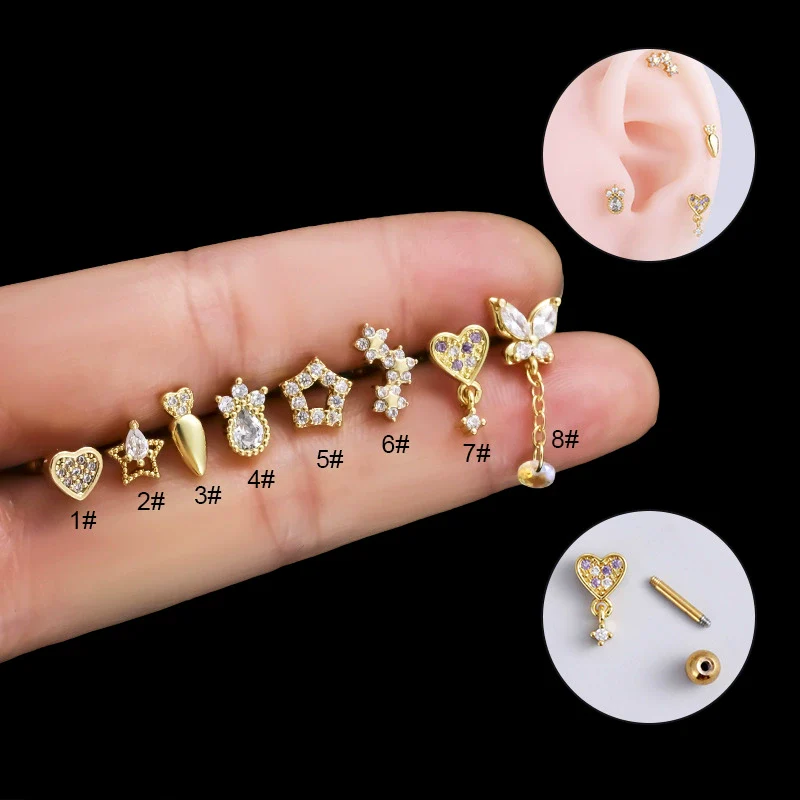 Metal Electroplated Love Fivepointed Star Butterfly Water Drop Heart Style Puncture Ear Nail For Women - Image 7