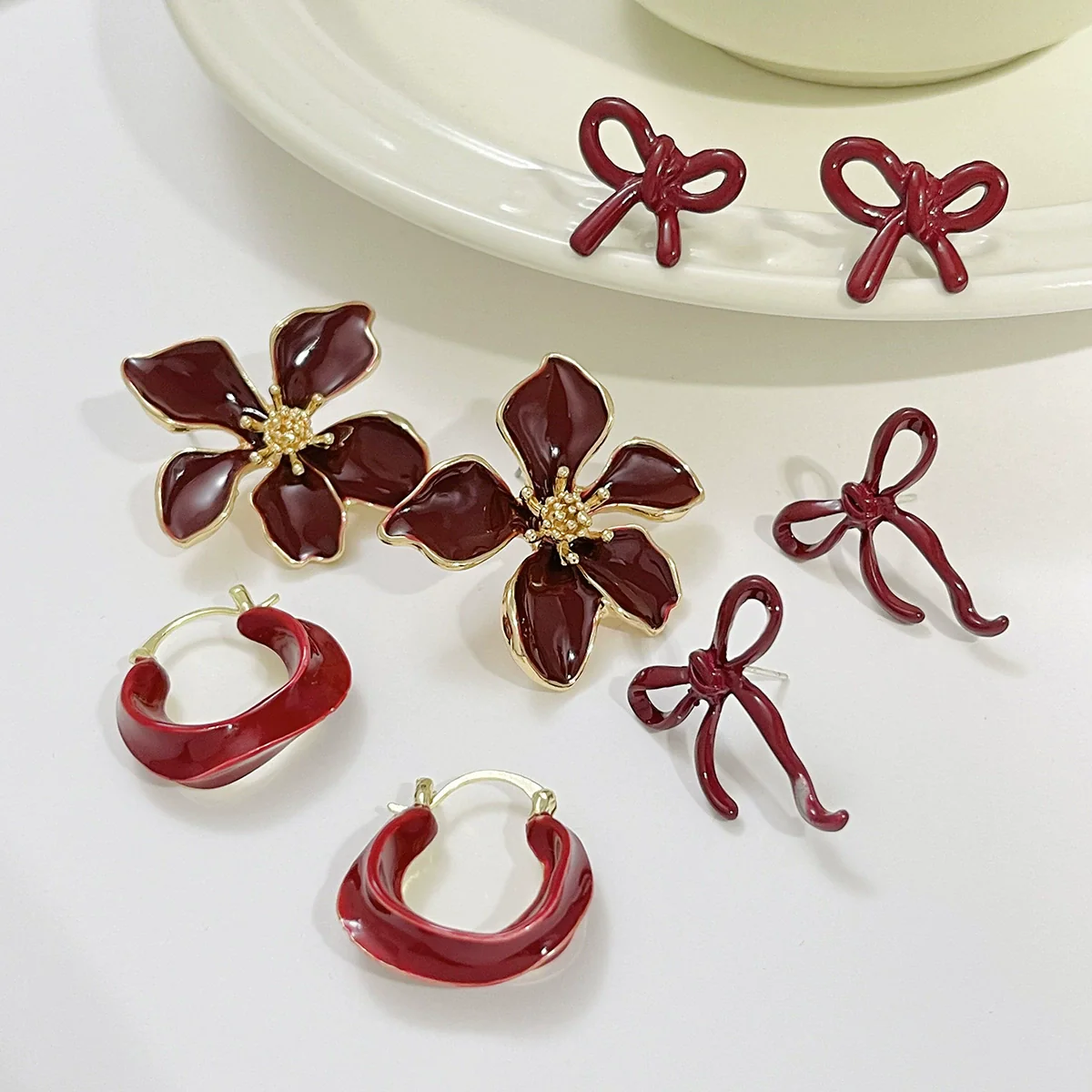 Metal Flower Bow Geometric Earrings With Electroplating For Women