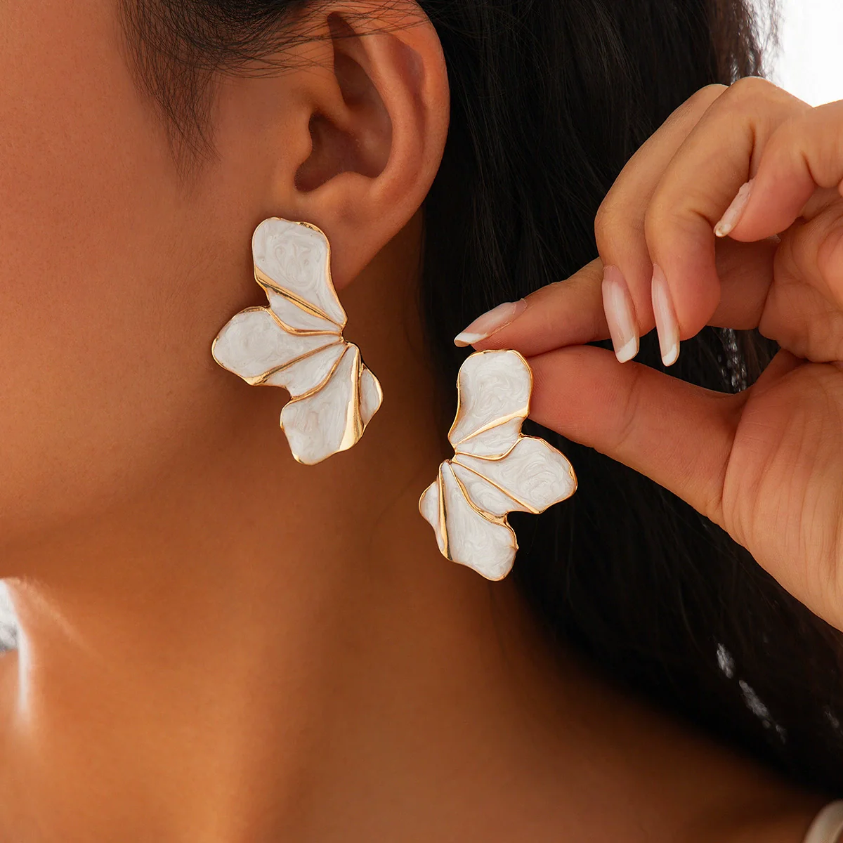 Metal Flower Petal Drop Earrings For Women With Electroplating Treatment