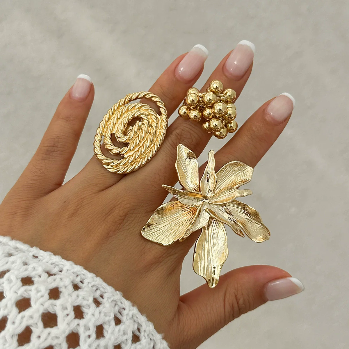 Metal Geometric Fivepetal Flower Stereo Open Winding Ring Electroplated Ins Style For Women