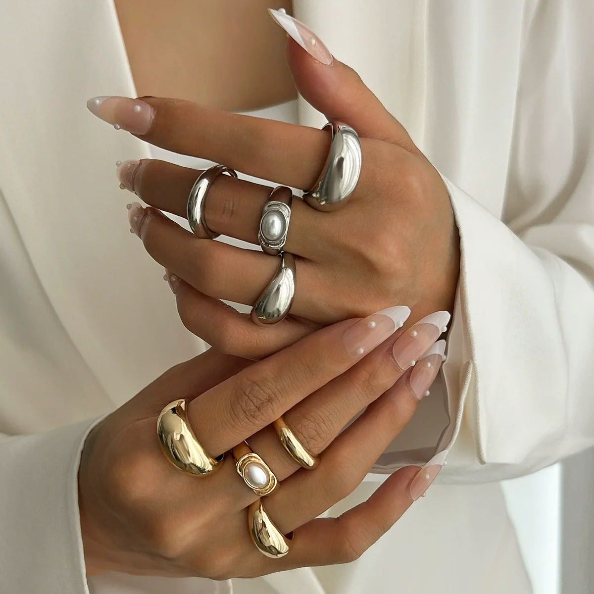 Metal Geometric Personality Stacked Ring Bracelet For Women With Electroplating And Imitation Pearls