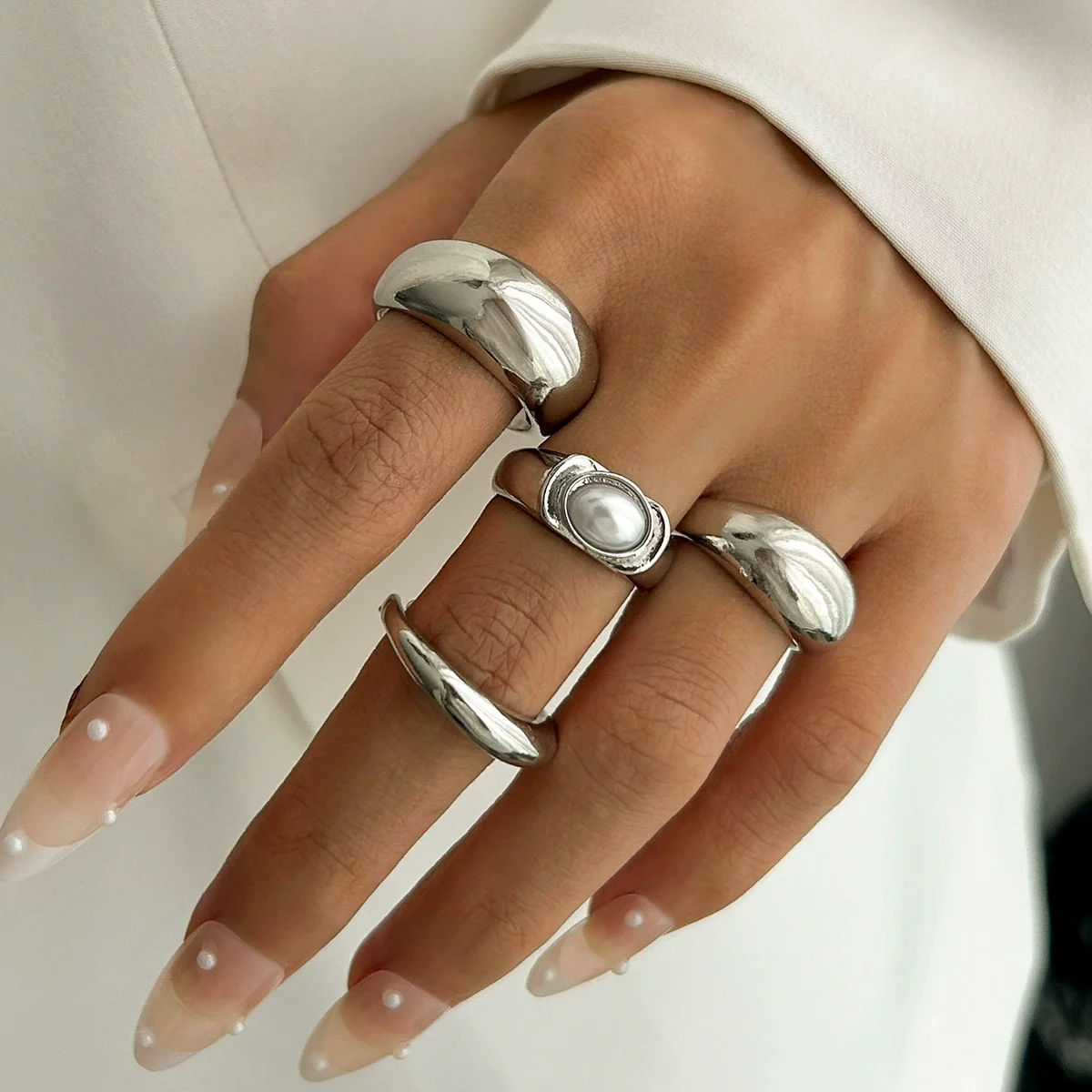 Metal Geometric Personality Stacked Ring Bracelet For Women With Electroplating And Imitation Pearls - Image 7