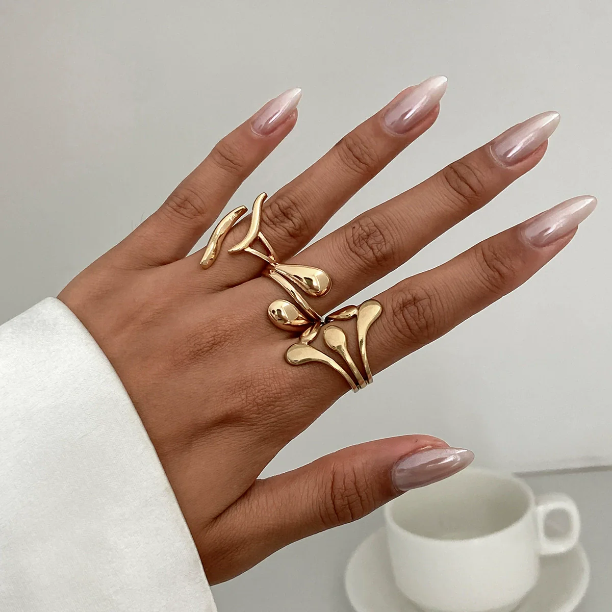 Metal Geometric Pleated Water Drop Ring Set For Women With Electroplating Design And Hiphop Style - Image 22
