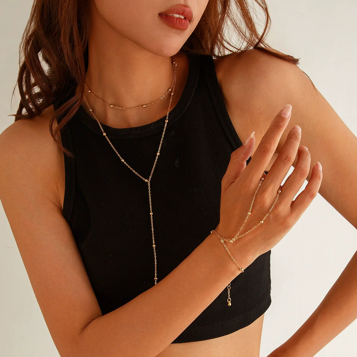 Metal Geometric Round Bead Chain Clavicle Necklace And Multilayer Bracelet Alloy Pendant Copper Material Electroplating Treatment