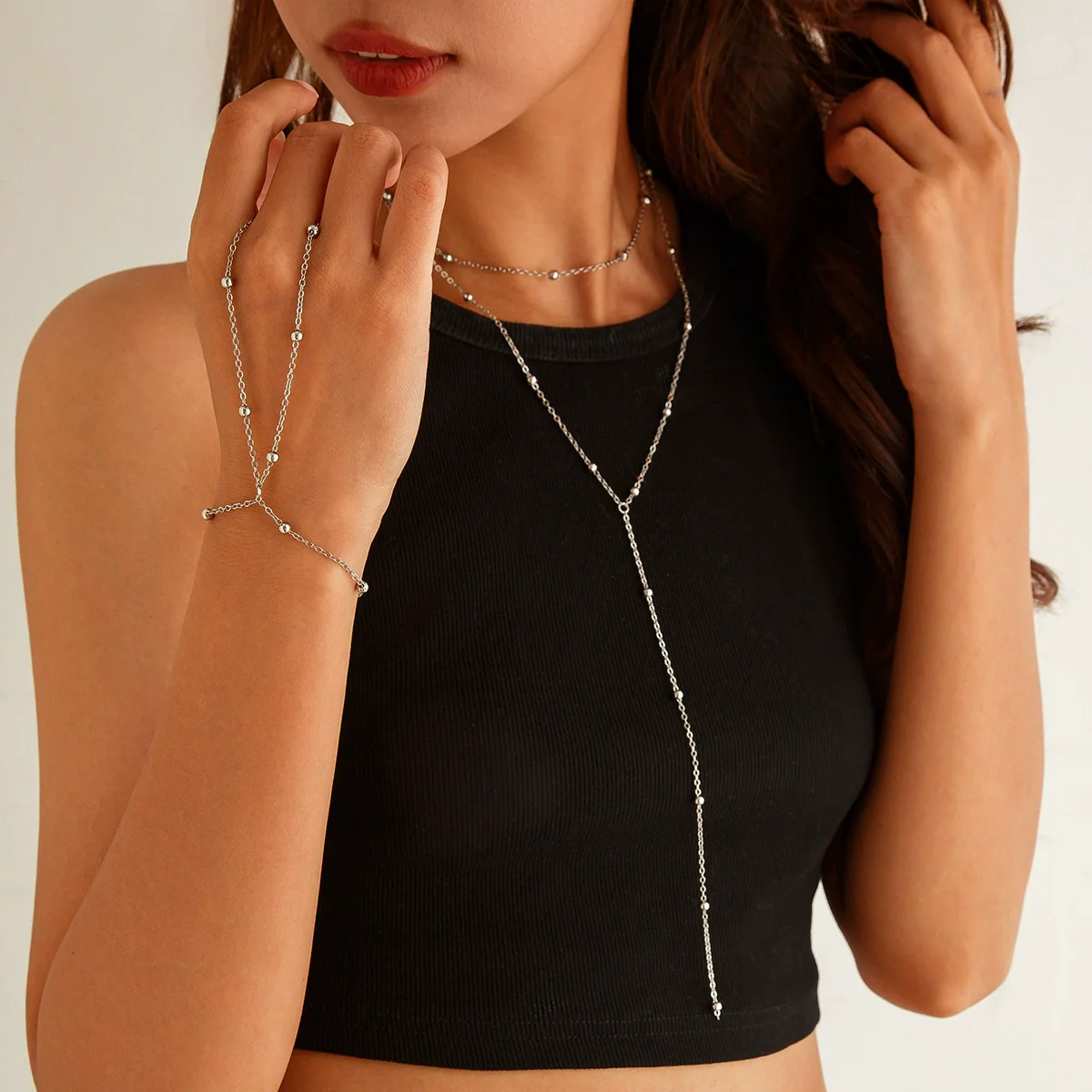 Metal Geometric Round Bead Chain Clavicle Necklace And Multilayer Bracelet Alloy Pendant Copper Material Electroplating Treatment - Image 2