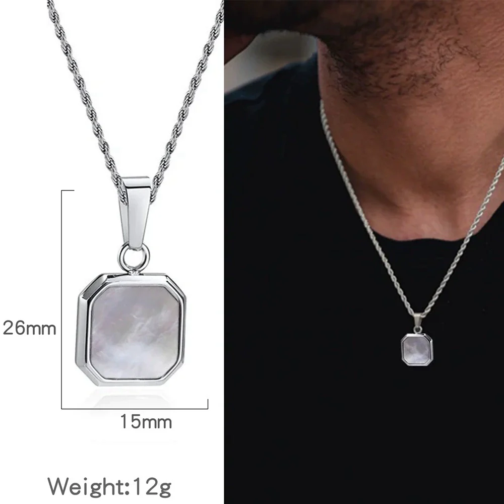Metal Geometric Square Pendant Necklace Black And White Shell Electroplating Minimalist Men's - Image 12