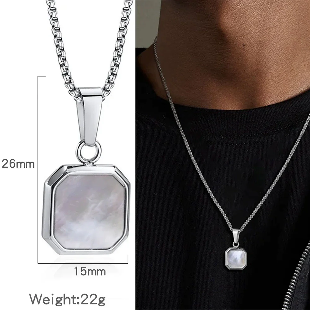 Metal Geometric Square Pendant Necklace Black And White Shell Electroplating Minimalist Men's - Image 14