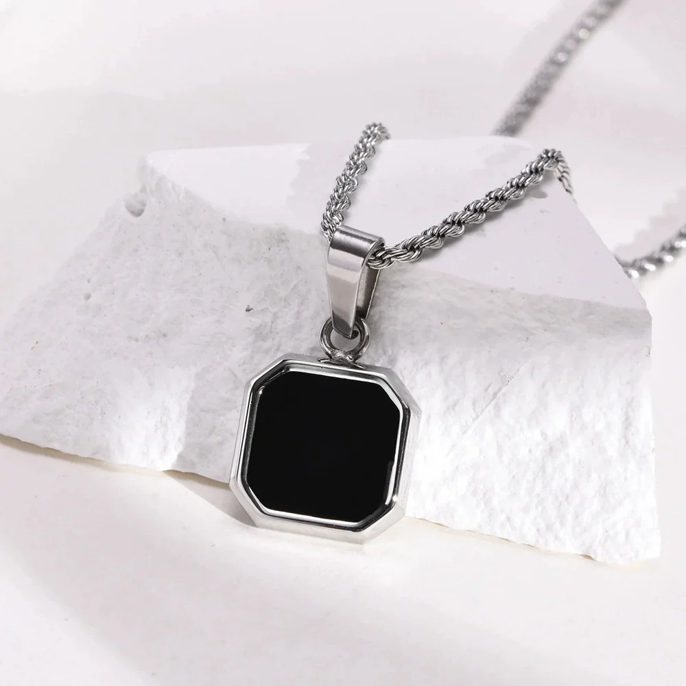 Metal Geometric Square Pendant Necklace Black And White Shell Electroplating Minimalist Men's - Image 4