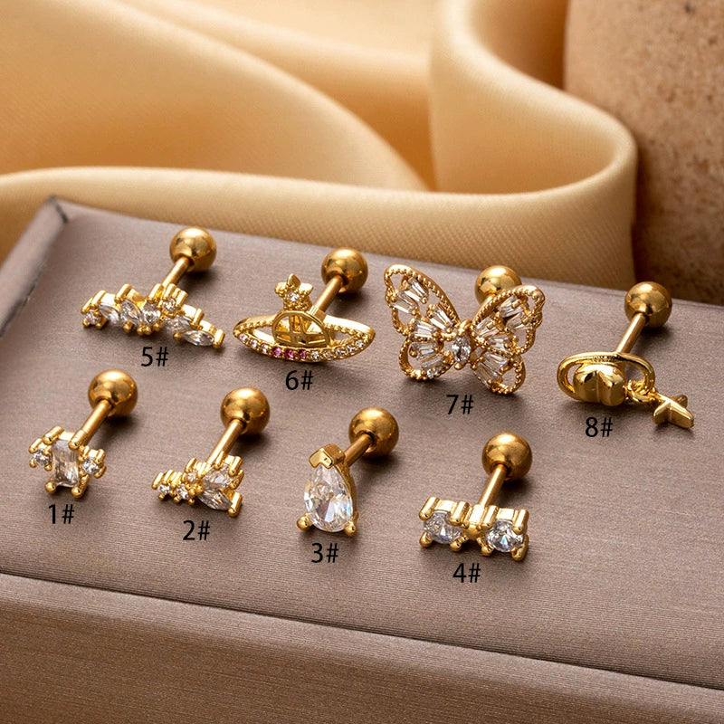 Metal Geometric Titanium Steel Screw Ball Piercing Ear Nail Earrings With Electroplating For Women - Image 2