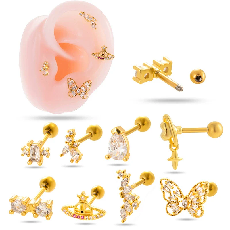 Metal Geometric Titanium Steel Screw Ball Piercing Ear Nail Earrings With Electroplating For Women - Image 5