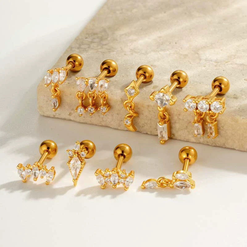 Metal Geometric Water Drop Zircon Inlaid Piercing Ear Nail For Unisex Fashion Style Set With Diamonds - Image 3
