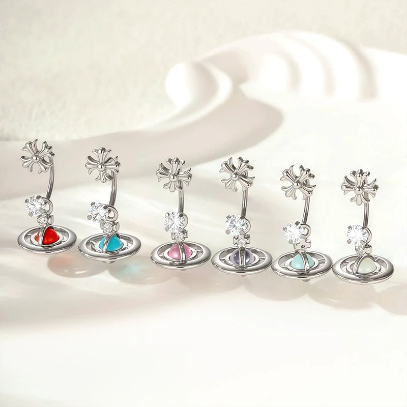 Metal Geometric Zirconia Planet Pendant Women's Fashion Piercing Earrings
