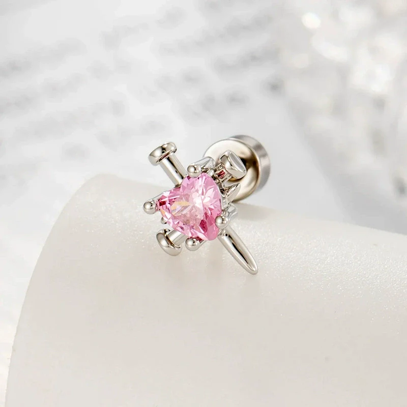 Metal Heart Shape Zircon Set Piercing Earrings - Image 7
