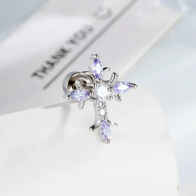 Metal Micropaved Zircon Cross Couple Piercing Earrings - Image 10