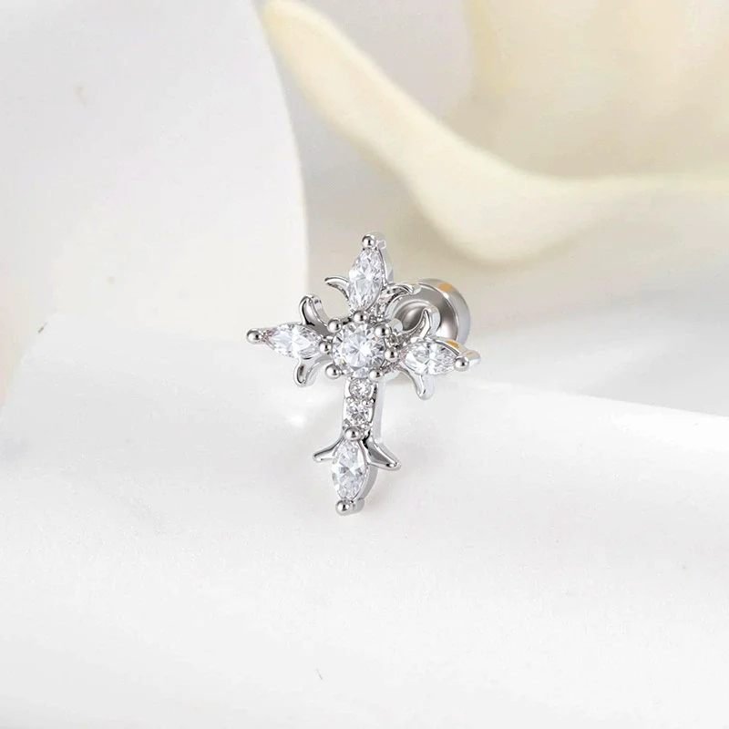 Metal Micropaved Zircon Cross Couple Piercing Earrings - Image 8