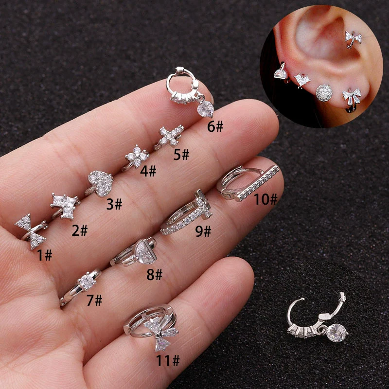 Metal Small Earrings For Cartilage Piercing Inlaid With Zircon And Flower Pattern For Women
