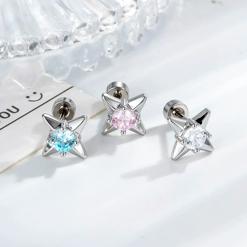 Metal Star Shaped Piercing Earrings Set With Zirconia Fashion Unisex