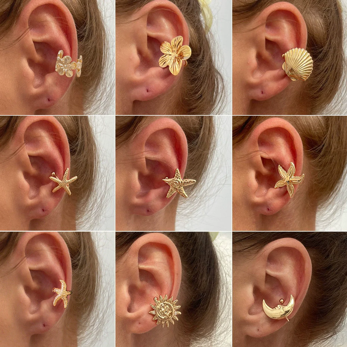 Metal Starfish Shell Cshaped Ear Clip And Flower Moon Earrings With Electroplating Star And Flower Pattern For Women - Image 3
