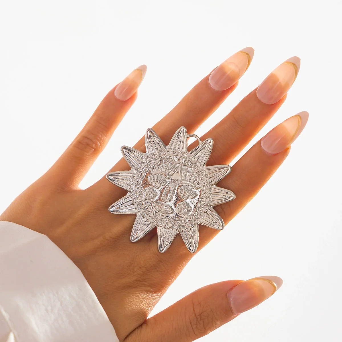 Metal Sunflower Leaf Moon Imitation Pearl Ring Geometric Flower Style Electroplated For Women - Image 14