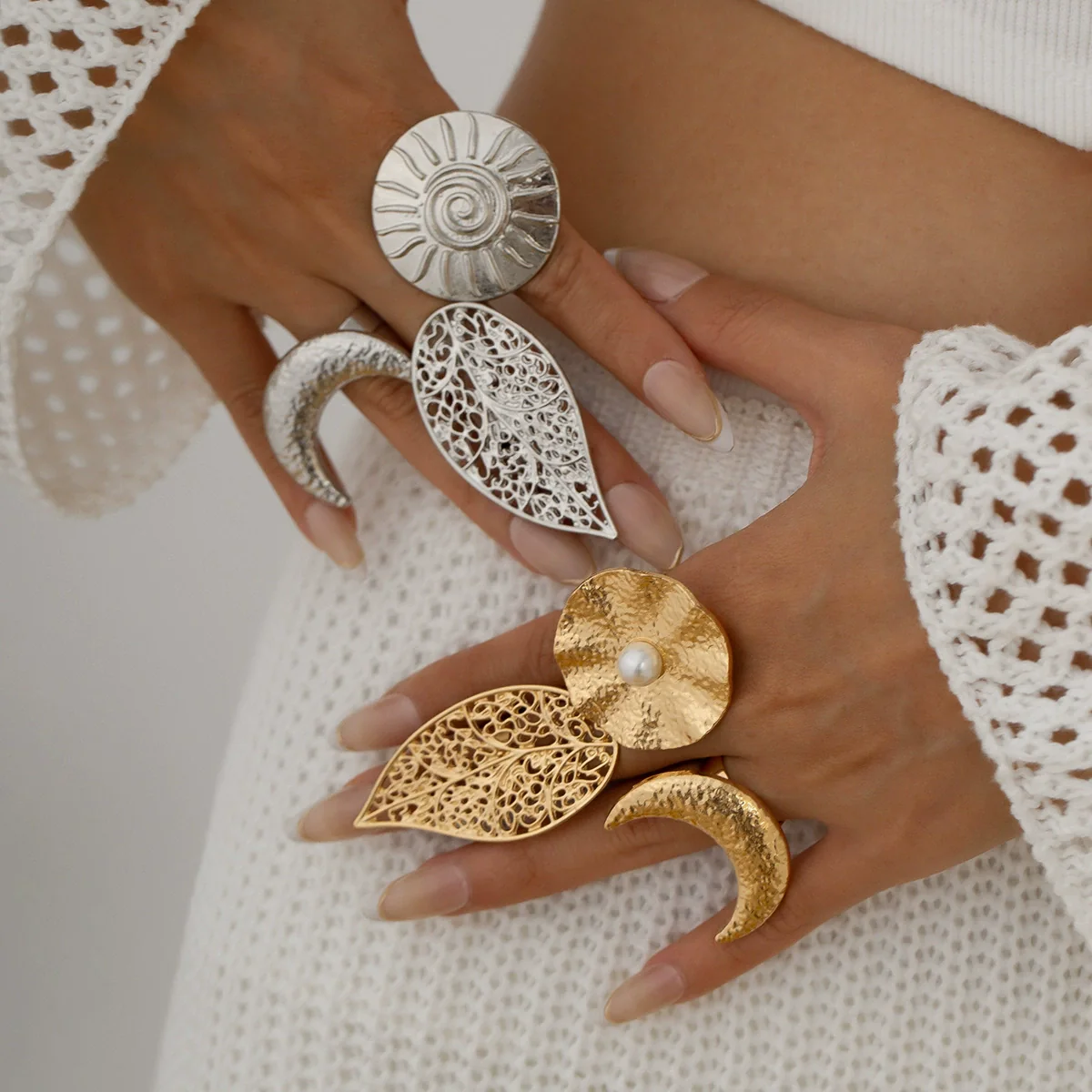Metal Sunflower Leaf Moon Imitation Pearl Ring Geometric Flower Style Electroplated For Women - Image 4