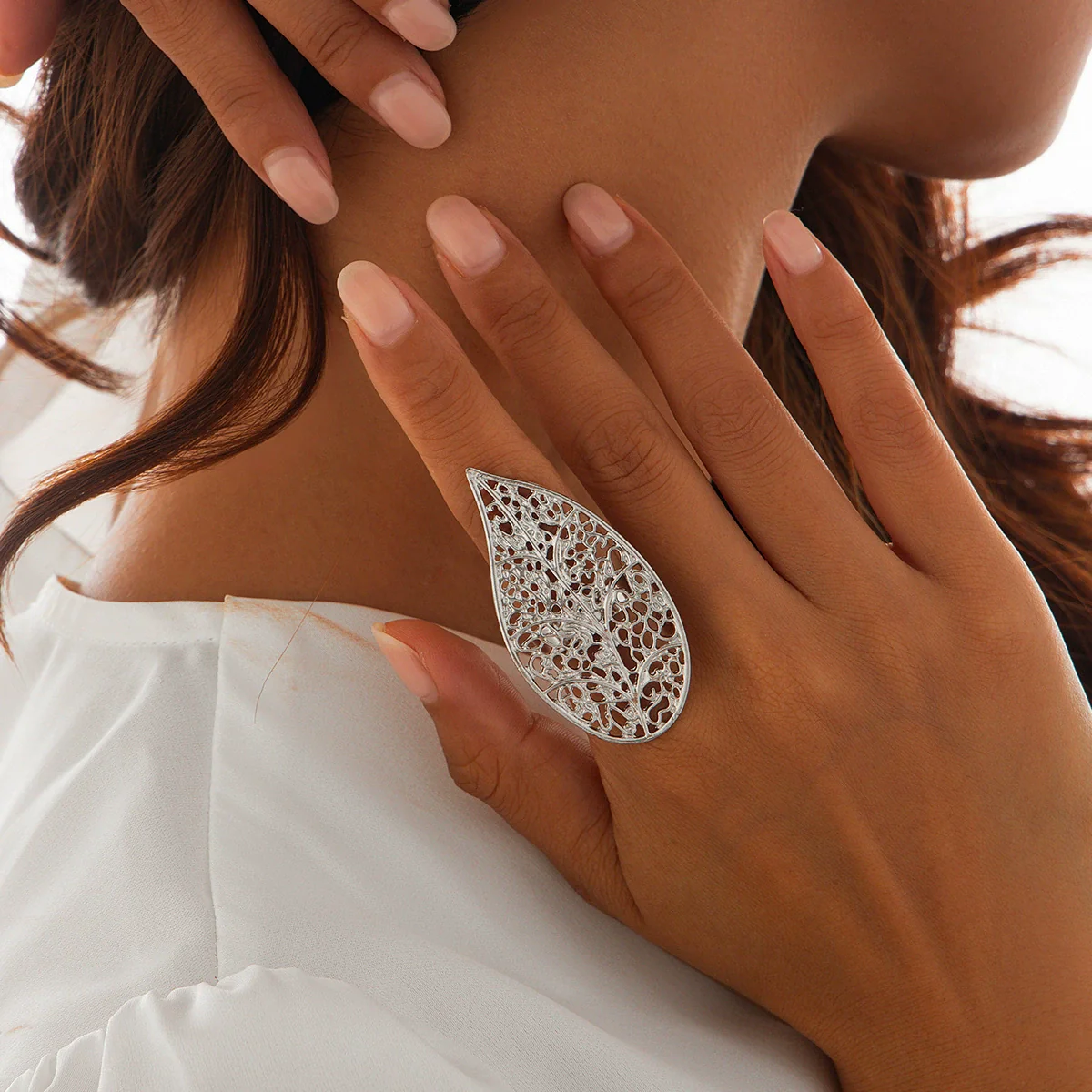 Metal Sunflower Leaf Moon Imitation Pearl Ring Geometric Flower Style Electroplated For Women - Image 7