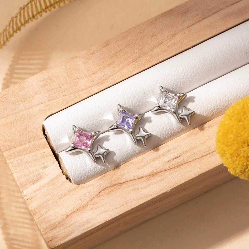 Metal Titanium Steel Double Head Screw Ear Bone Nail Star Earrings With Zirconia For Women