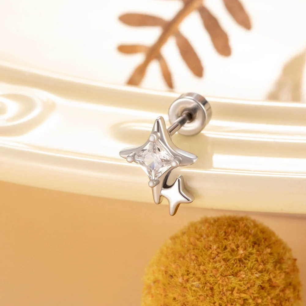 Metal Titanium Steel Double Head Screw Ear Bone Nail Star Earrings With Zirconia For Women - Image 5