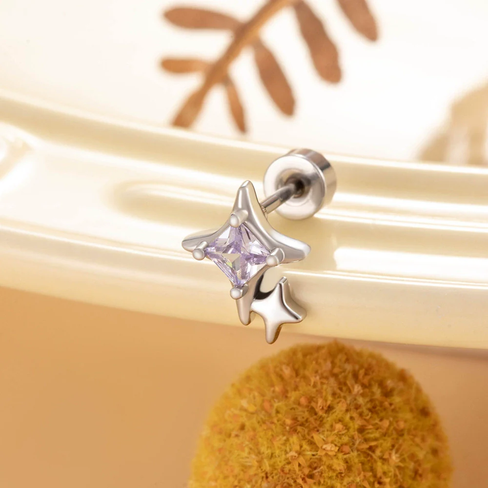Metal Titanium Steel Double Head Screw Ear Bone Nail Star Earrings With Zirconia For Women - Image 7