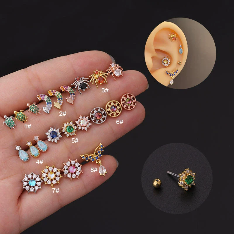 Metal Zircon Geometric Style Stainless Steel Screw Ball Ear Nail Piercing Earrings For Women With Electroplating